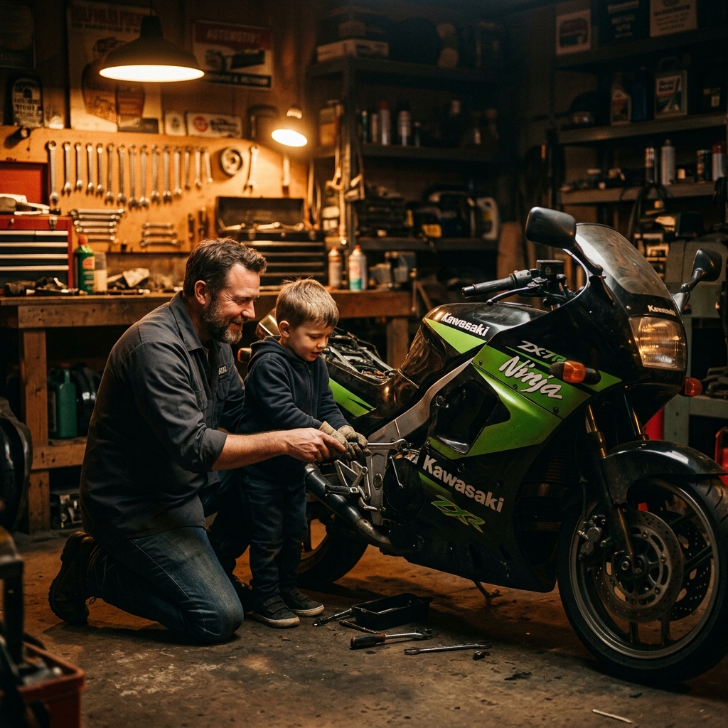 Father and child working on motorcycle in garage